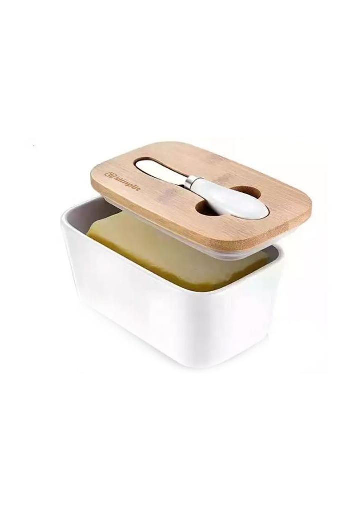 Mantequillero Cerámica Tapa Bamboo + Cuchillo 600 ml Simplit