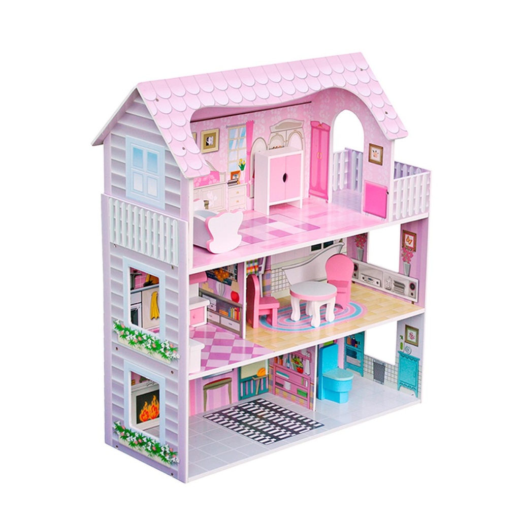 Casa De Muñecas Clásica Madera Rosada Con Accesorios Bandú